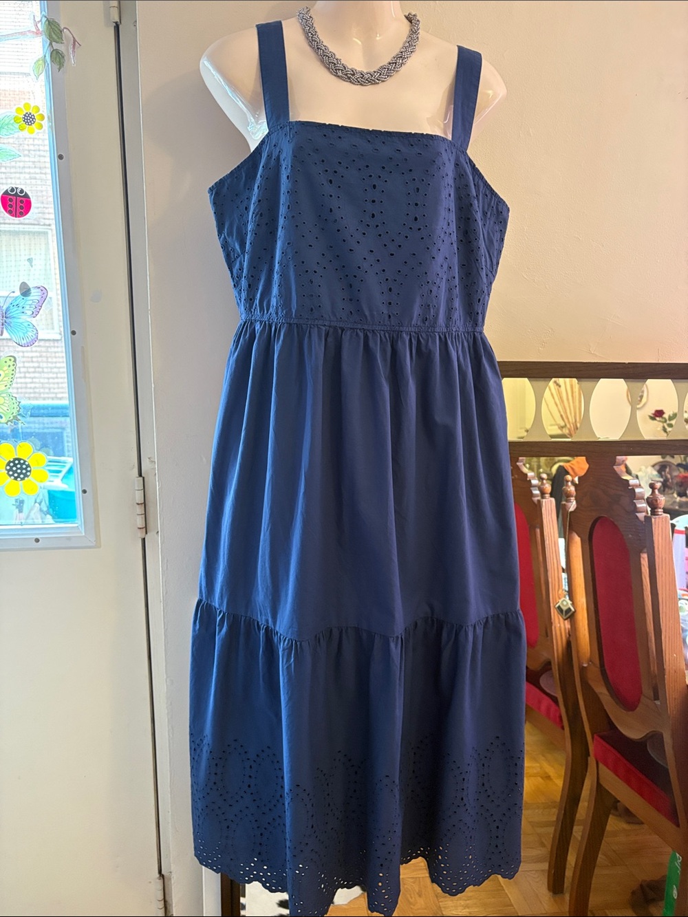 Uniqlo Dark Blue Eyelet Tiered Maxi Dress. Cotton